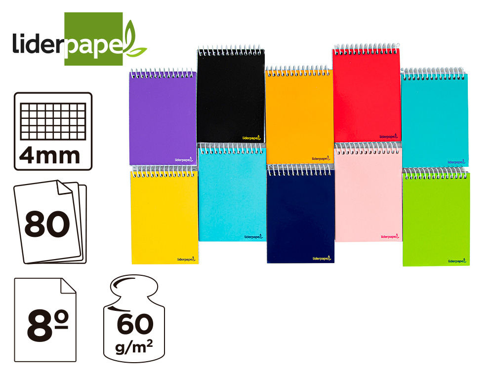 CUADERNO ESPIRAL LIDERPAPEL BOLSILLO OCTAVO APAISADO SMART TAPA BLANDA 80H 60GR CUADRO 4MM COLORES SURTIDOS