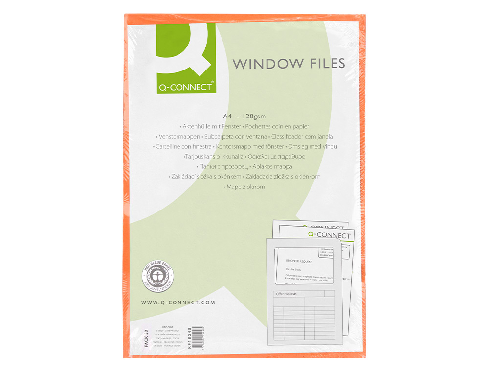 SUBCARPETA CARTULINA Q-CONNECT DIN A4 NARANJA CON VENTANA TRANSPARENTE 120 G/M2