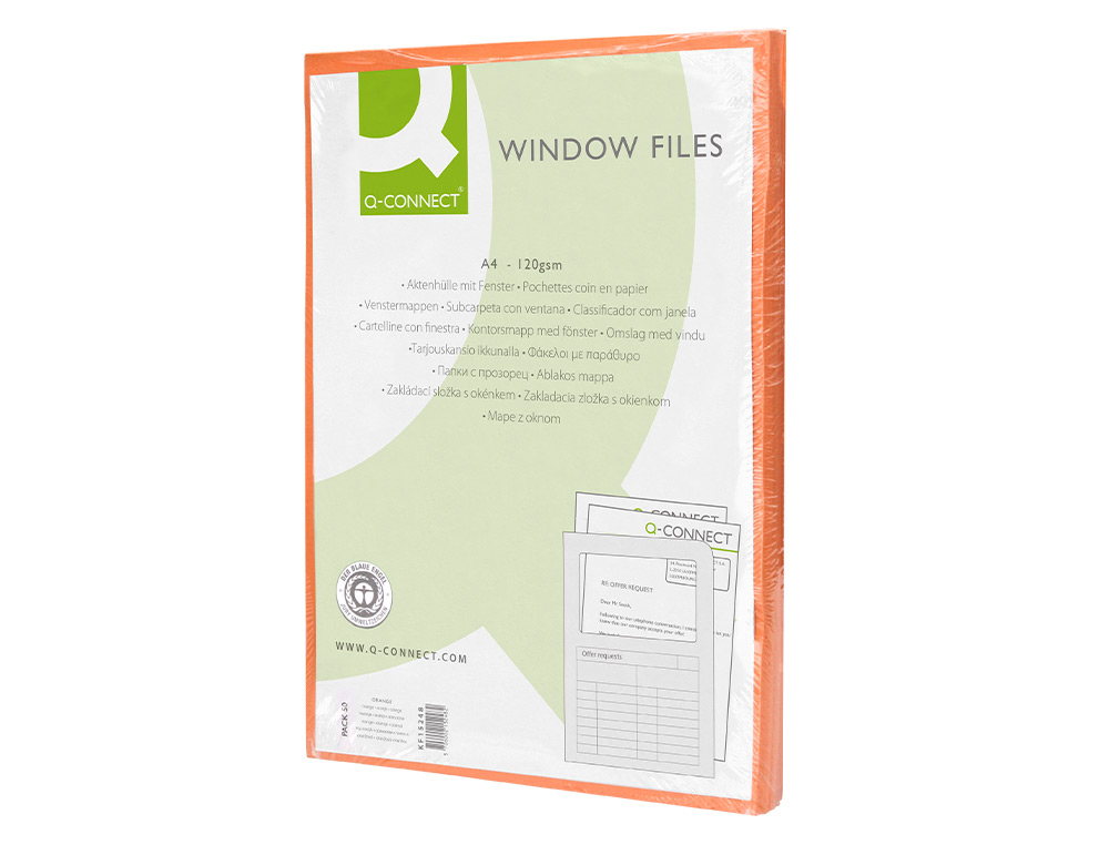 SUBCARPETA CARTULINA Q-CONNECT DIN A4 NARANJA CON VENTANA TRANSPARENTE 120 G/M2