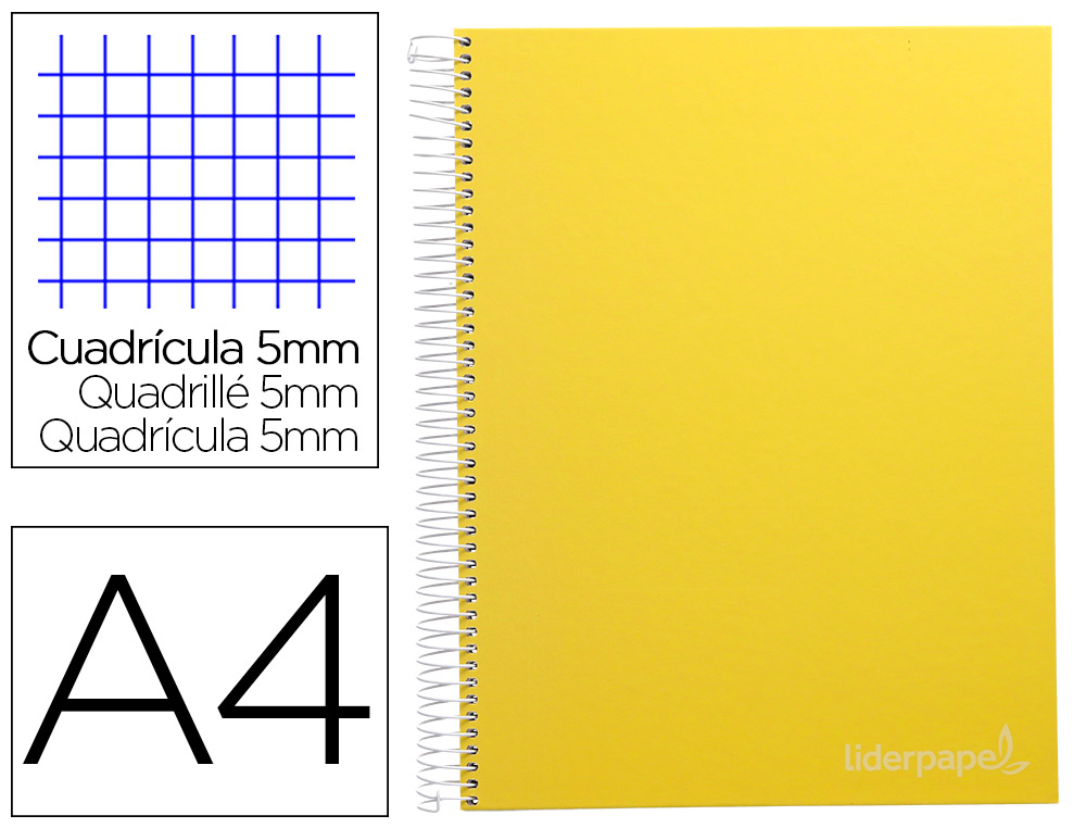 CUADERNO ESPIRAL LIDERPAPEL A4 MICRO JOLLY TAPA FORRADA 140H 75 GR CUADRO 5MM 5 BANDAS4 TALADROS COLOR AMARILLO