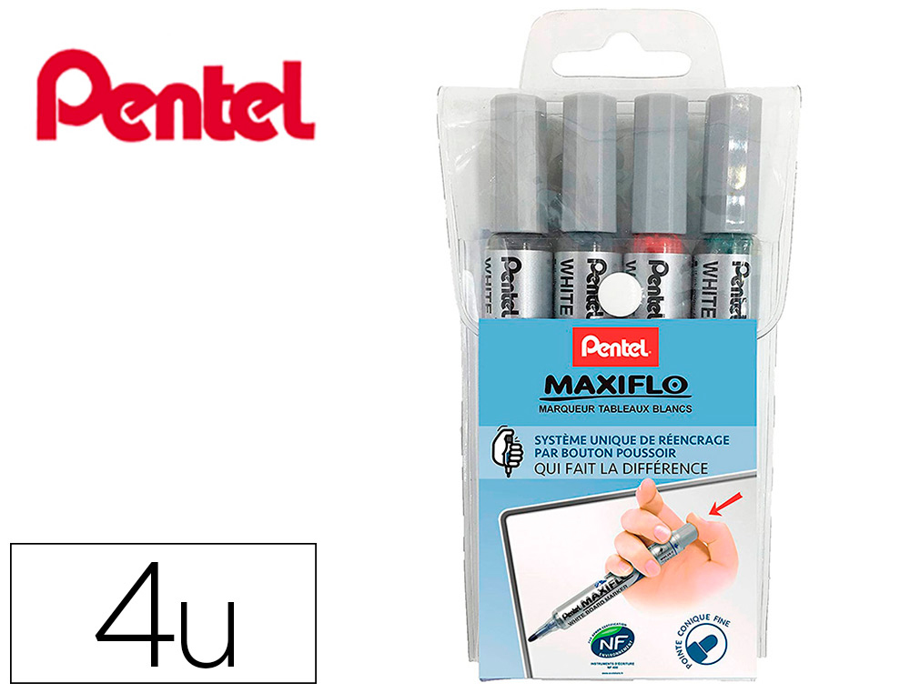 ROTULADOR PENTEL MAXIFLO PARA PIZARRA BLANCA PUNTA REDONDA 2,5-6 MM SET DE 4 UNIDADES COLORES BASICOS