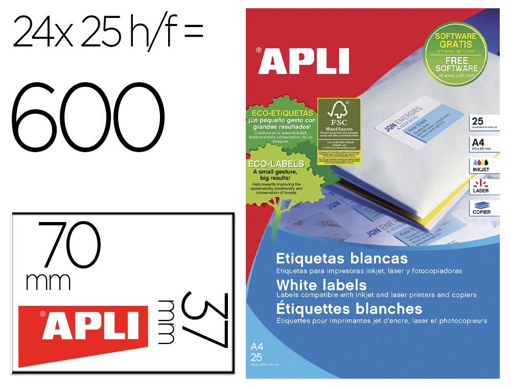 ETIQUETA ADHESIVA APLI 1212 70X37 MM PARA FOTOCOPIADORA LASER INK-JET CAJA DE 25 HOJAS