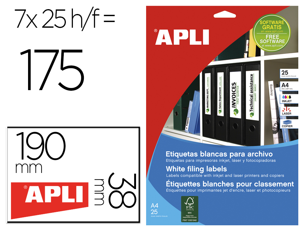 ETIQUETA ADHESIVA APLI 1212 190X38 MM PARA FOTOCOPIADORA LASER INK-JET CAJA DE 25 HOJAS