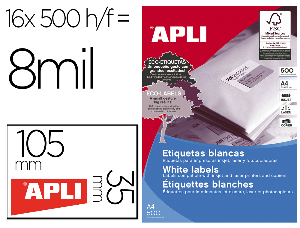 ETIQUETA ADHESIVA APLI 1794 105X35 MM PARA FOTOCOPIADORA LASER INK-JET CAJA DE 500 HOJAS