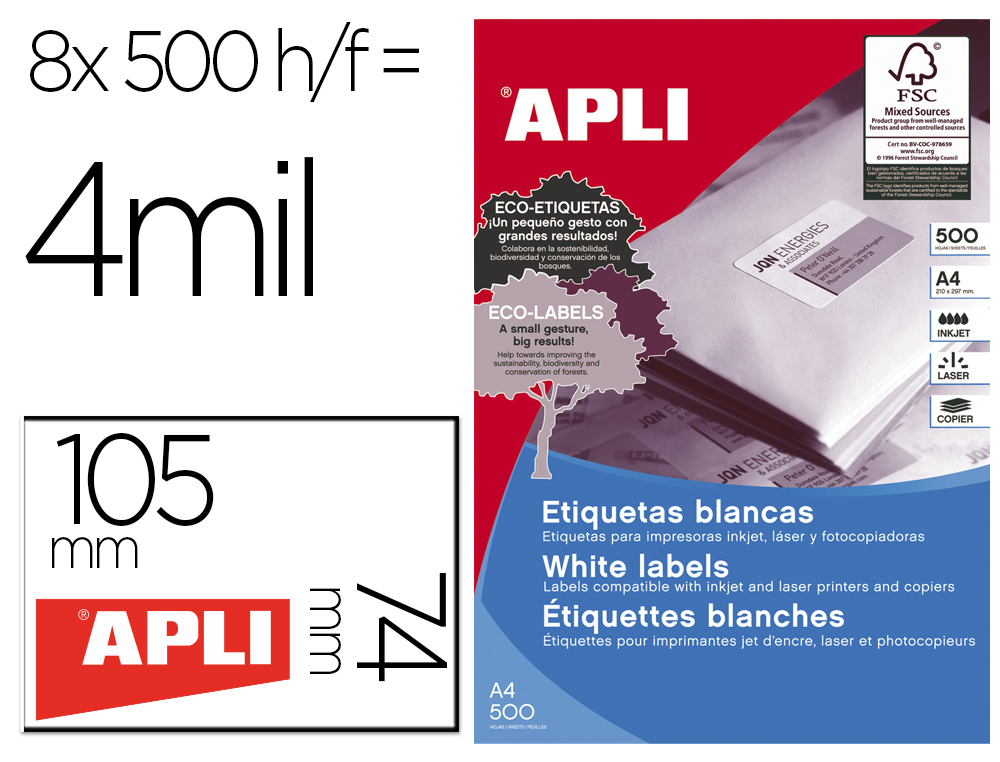 ETIQUETA ADHESIVA APLI 1796 105X74 MM PARA FOTOCOPIADORA LASER INK-JET CAJA DE 500 HOJAS