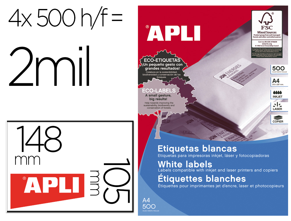 ETIQUETA ADHESIVA APLI 1797 105X148 MM PARA FOTOCOPIADORA LASER INK-JET CAJA DE 500 HOJAS