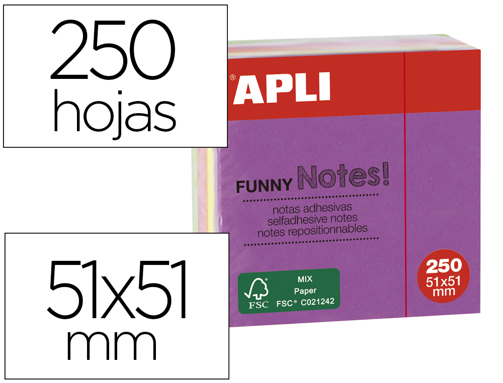 BLOC DE NOTAS ADHESIVAS QUITA Y PON APLI 51X51 MM MINICUBO COLORES FLUORESCENTE BRILLANTE CON 250 HOJAS