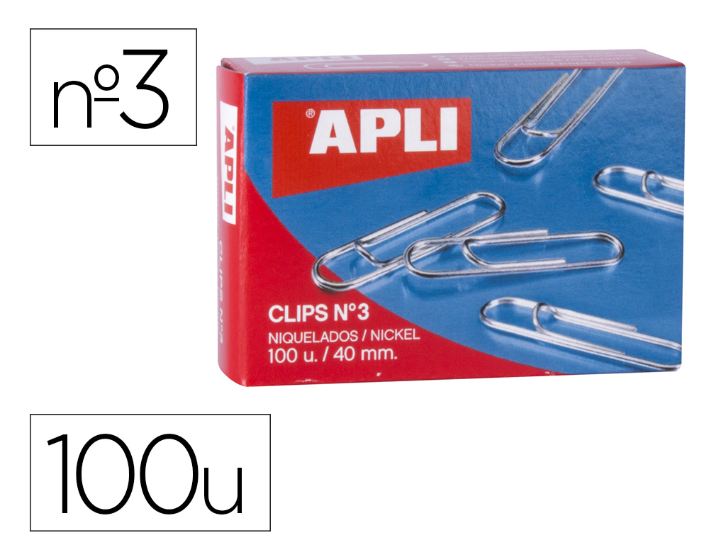 CLIPS APLI NIQUELADOS N 3 LABIADOS 40 MM CAJA DE 100 UNIDADES