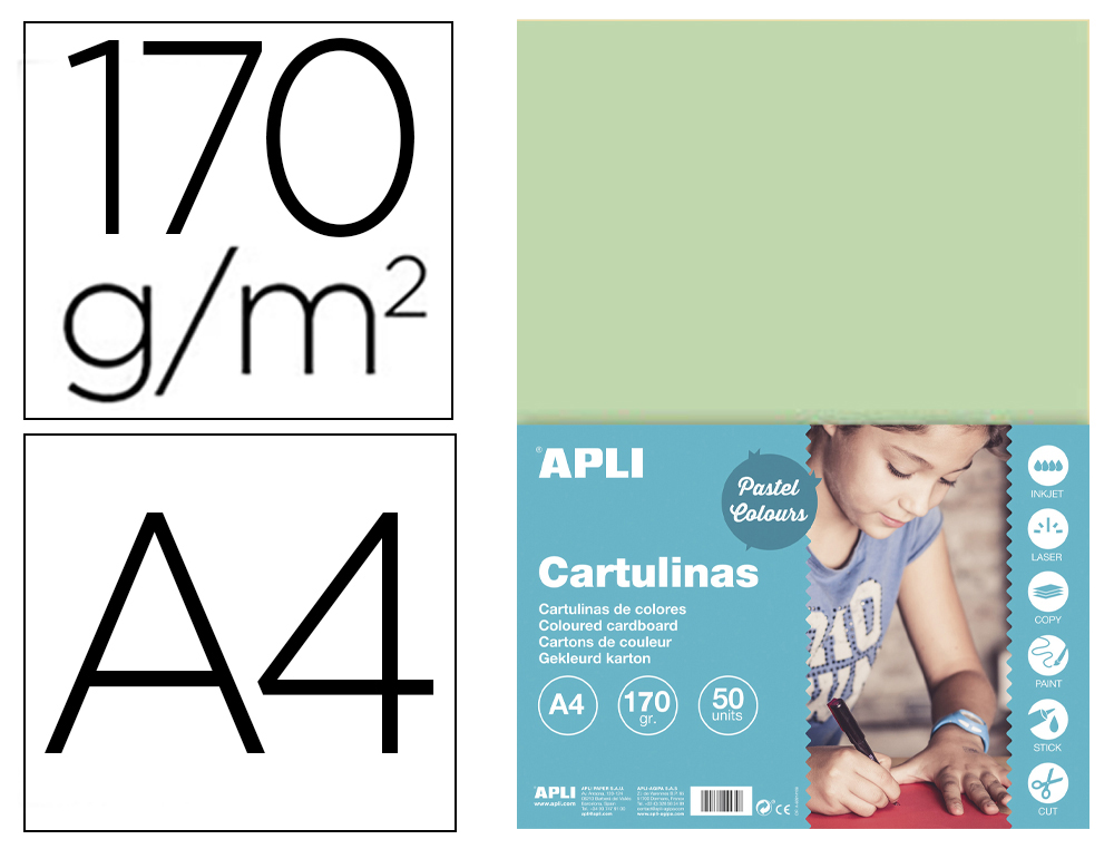 CARTULINA APLI DIN A4 170G/M2 VERDE ESMERALDA PAQUETE DE 50 HOJAS