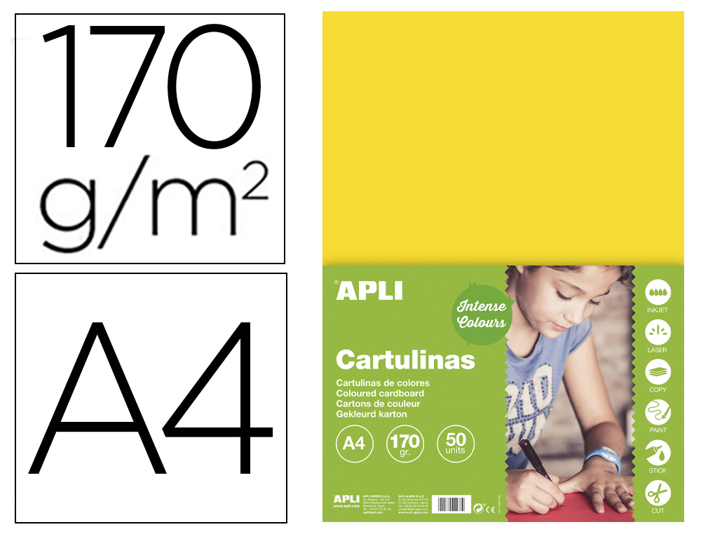 CARTULINA APLI DIN A4 170G/M2 AMARILLO PAQUETE DE 50 HOJAS