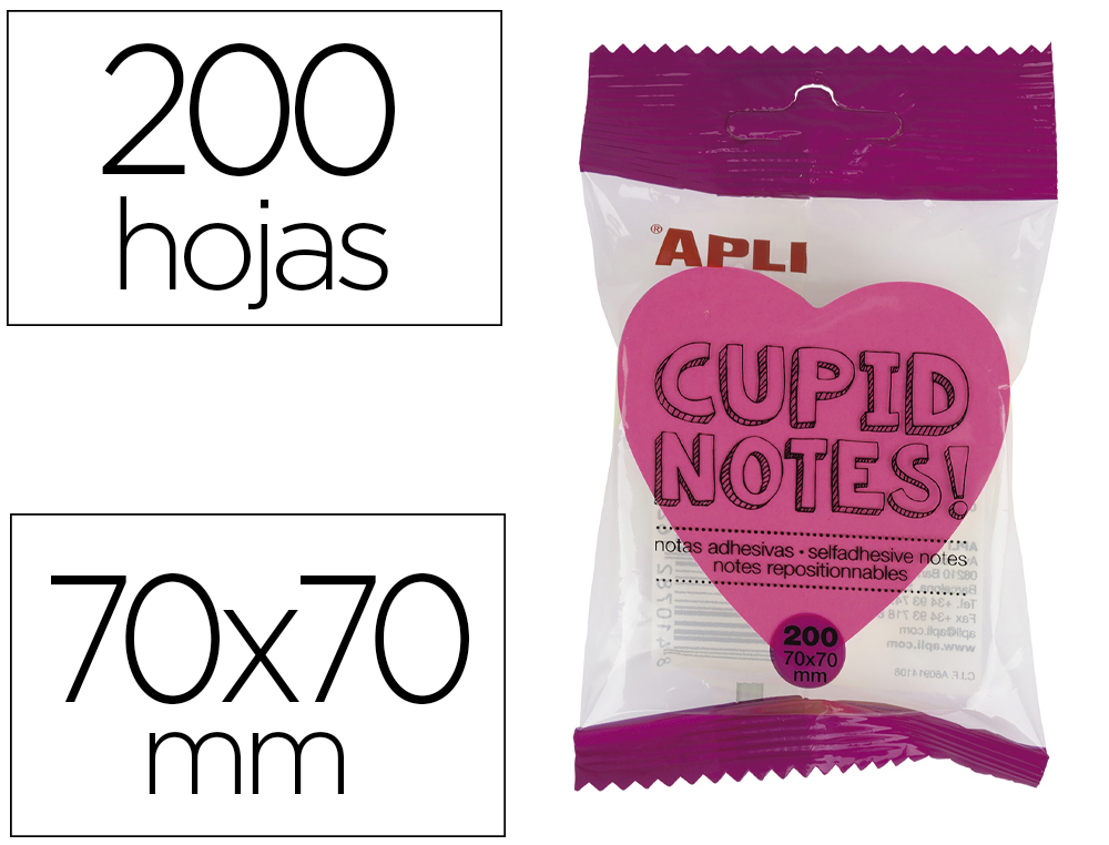 BLOC DE NOTAS ADHESIVAS QUITA Y PON APLI 70X70 MM CORAZON 4 COLORES FLUORESCENTE CON 200 HOJAS