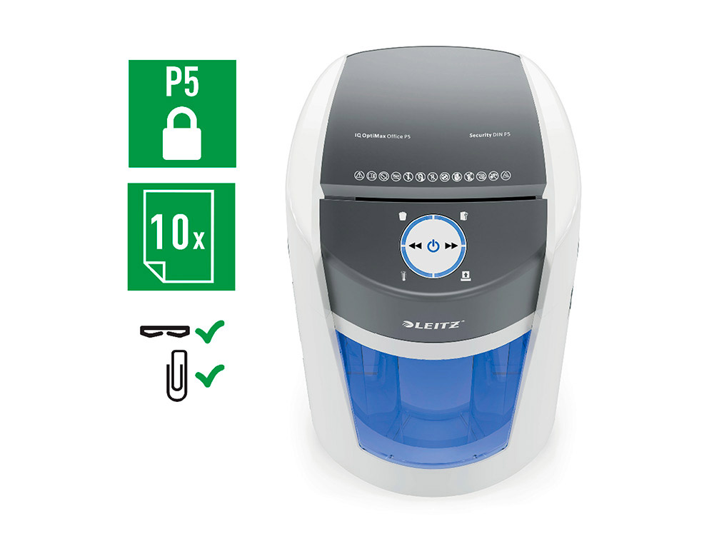 DESTRUCTORA DE DOCUMENTOS LEITZ OPTIMAX OFFICE CAPACIDAD DE CORTE 10 HOJAS PARTICULAS P5 DESTRUYE GRAPAS