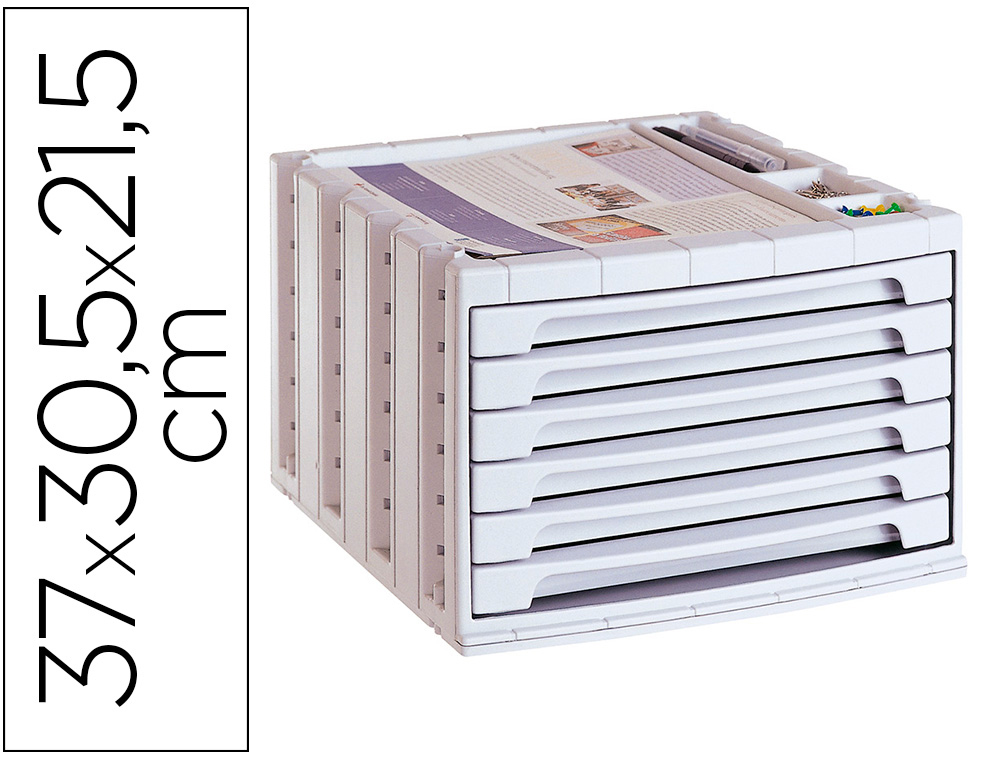 FICHERO CAJONES DE SOBREMESA Q-CONNECT 305X370X215 MM BANDEJA ORGANIZADORA SUPERIOR 6 CAJONES GRIS OPACO