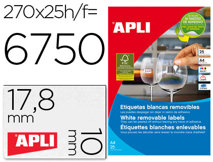 ETIQUETA ADHESIVAS APLI 10197 TAMAO 17,8X10 MM REMOVIBLE PARA FOTOCOPIADORA LASER INK-JET CAJA 25 HOJAS CON