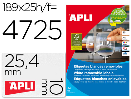 ETIQUETA ADHESIVAS APLI 10198 TAMAO 25,4X10 MM REMOVIBLE PARA FOTOCOPIADORA LASER INK-JET CAJA 25 HOJAS CON