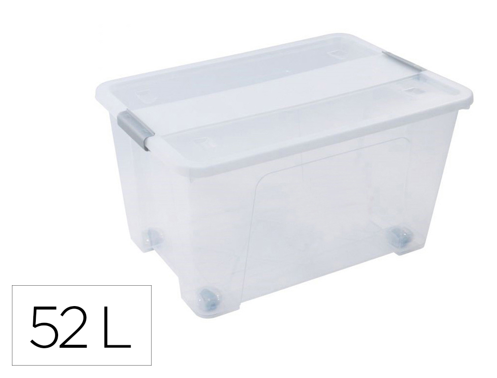 CAJA DE ALMACENAJE ARCHIVO 2000 POLIPROPILENO 52 LITROS APILABLE Y ENCAJABLE CON TAPA Y RUEDAS TRANSPARENTE