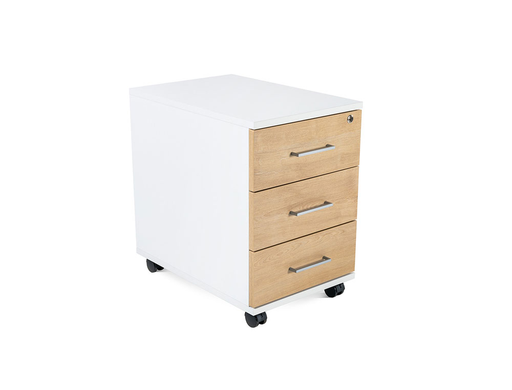 CAJONERA ROCADA CON TRES CAJONES SISTEMA ANTIVUELCO Y RUEDAS CON FRENO COLOR BLANCO/ROBLE 60X40X60 CM