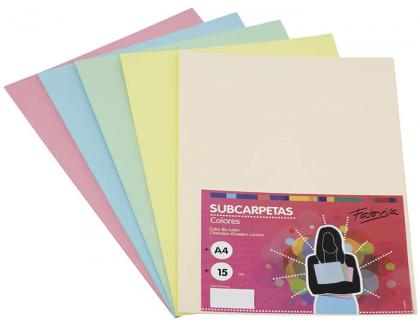 SUBCARPETA CARTULINA FABRISA DIN A4 COLORES SUAVE 180 GR PAQUETE DE 15 UNIDADES SURTIDAS